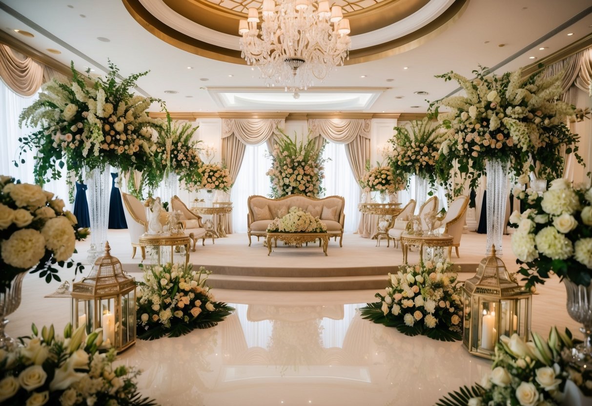 A lavish wedding venue with opulent decor, extravagant floral arrangements, and luxurious attire on display