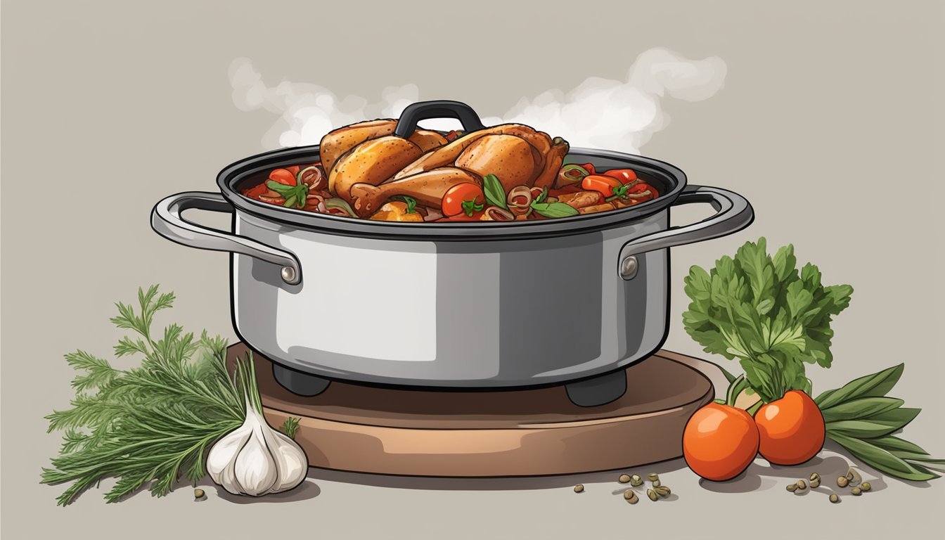 A steaming pot of chicken cacciatore sits on a stovetop, surrounded by fresh herbs and spices. The aroma fills the kitchen as the dish is being reheated