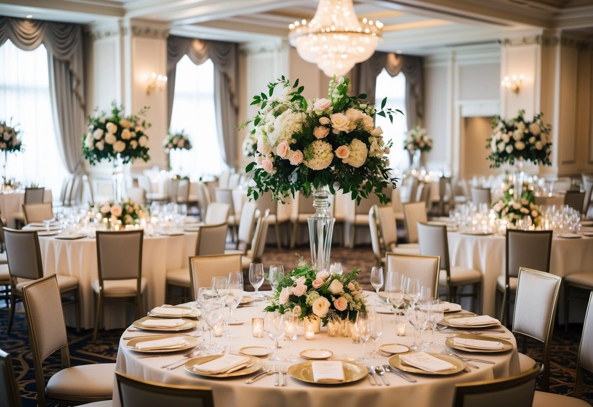A lavish wedding venue with ornate decorations and a grand banquet table set with expensive floral centerpieces and elegant place settings