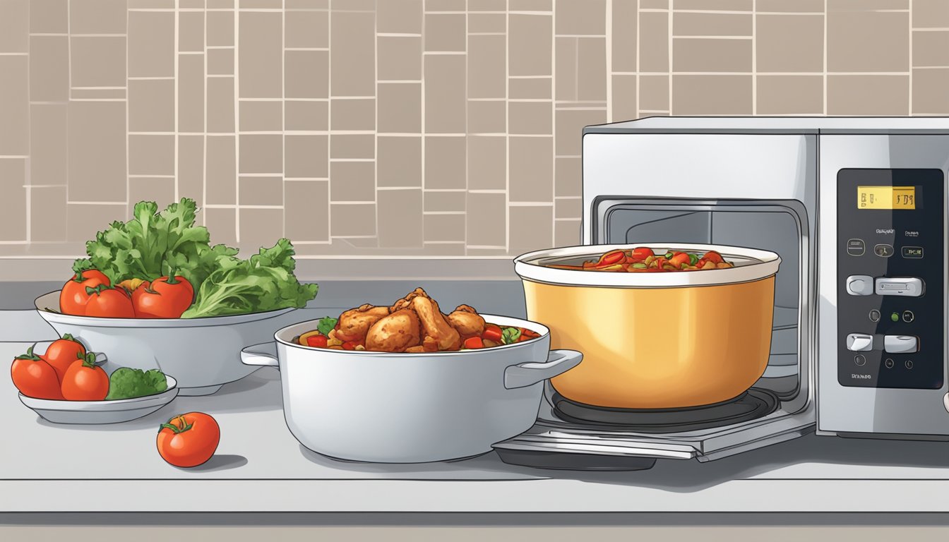 A steaming bowl of chicken cacciatore being placed into a microwave