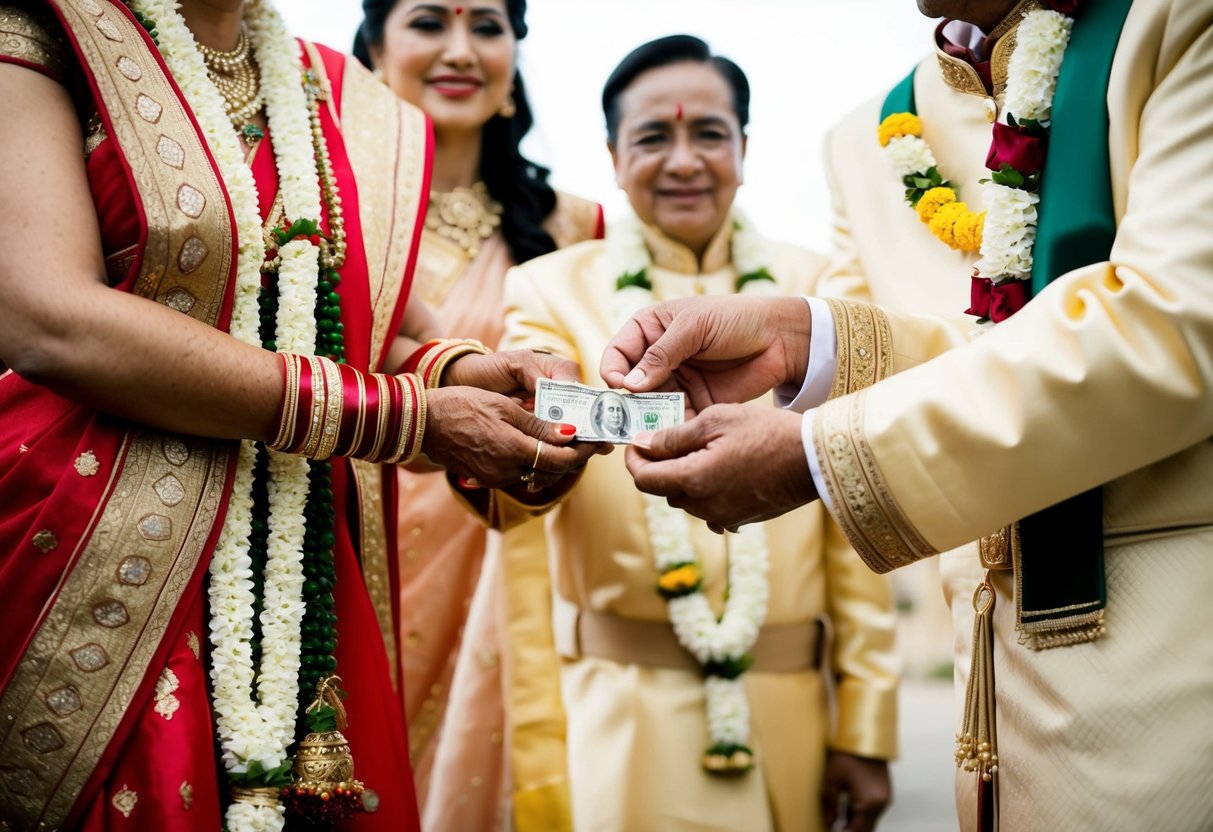 A traditional wedding scene with a bride's parents holding hands and exchanging money with the groom's parents, symbolizing the payment for the wedding