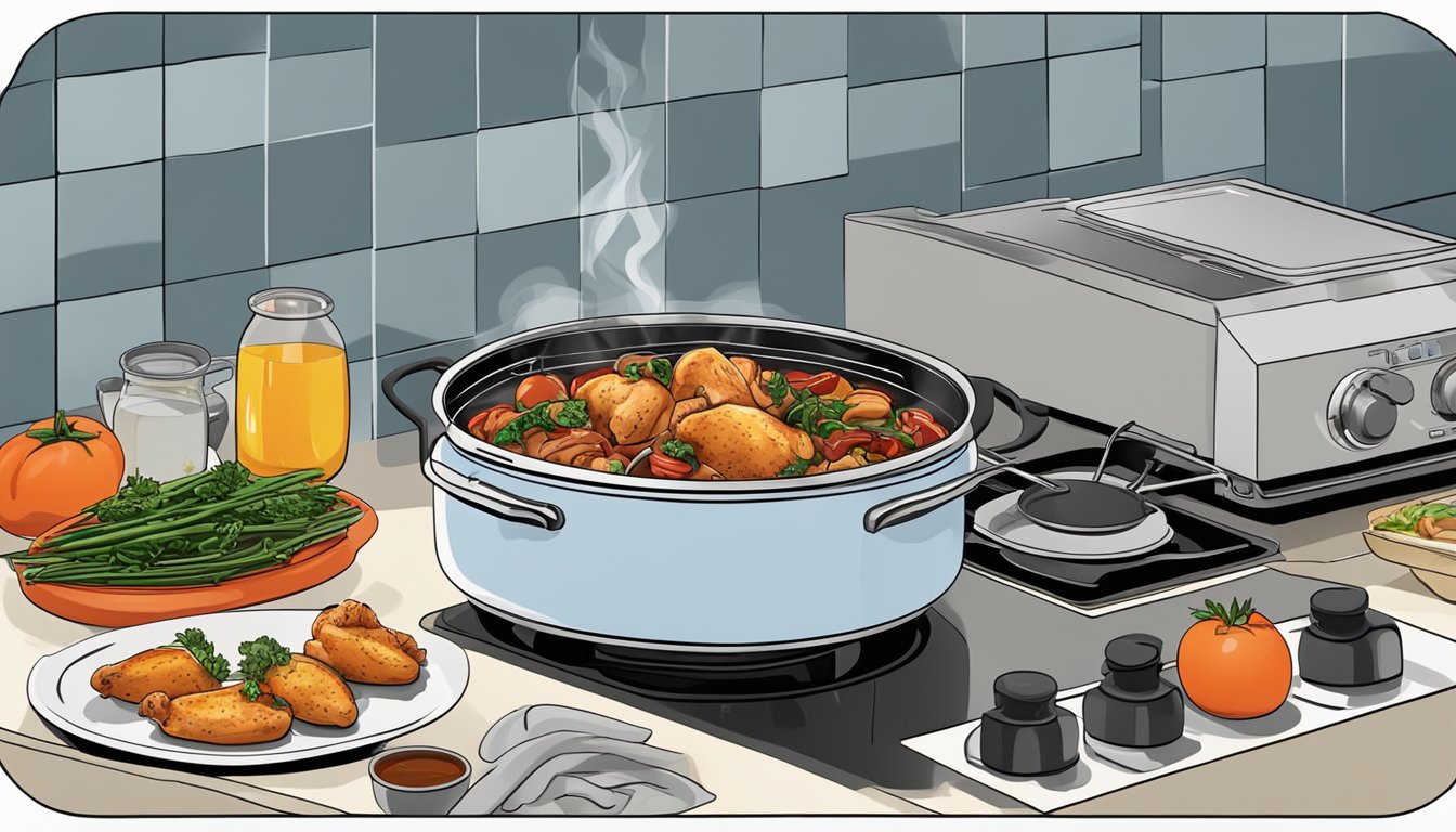 A steaming bowl of chicken cacciatore sits atop a stove, surrounded by various reheating methods such as a microwave, oven, and stovetop