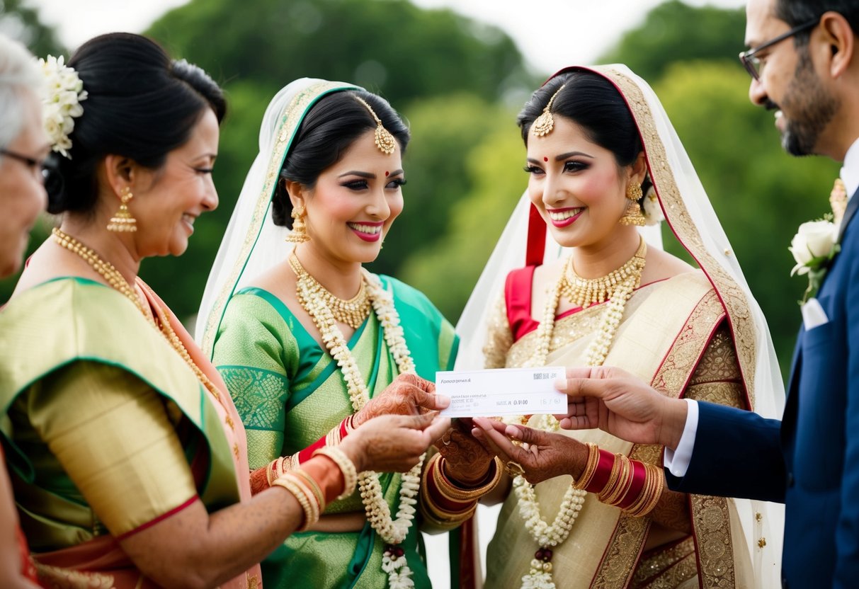 The bride's family is shown financially contributing to the wedding, symbolized by a traditional gesture of offering a monetary gift or check