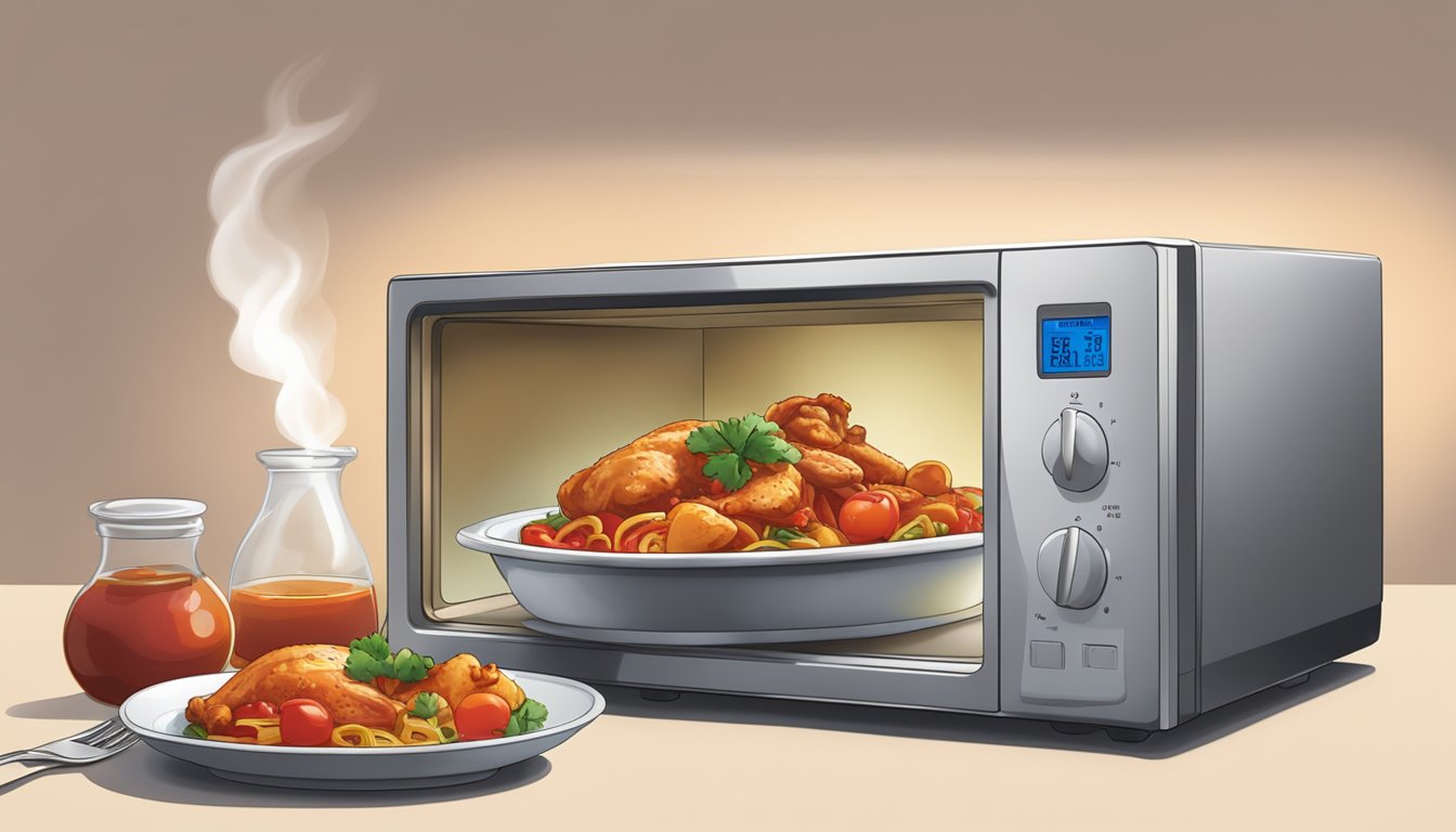 A plate of chicken cacciatore being reheated in a microwave