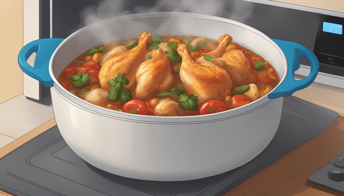 A steaming bowl of chicken cacciatore being reheated in a microwave