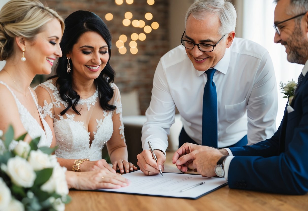 A bride's parents signing a contract with a wedding planner
