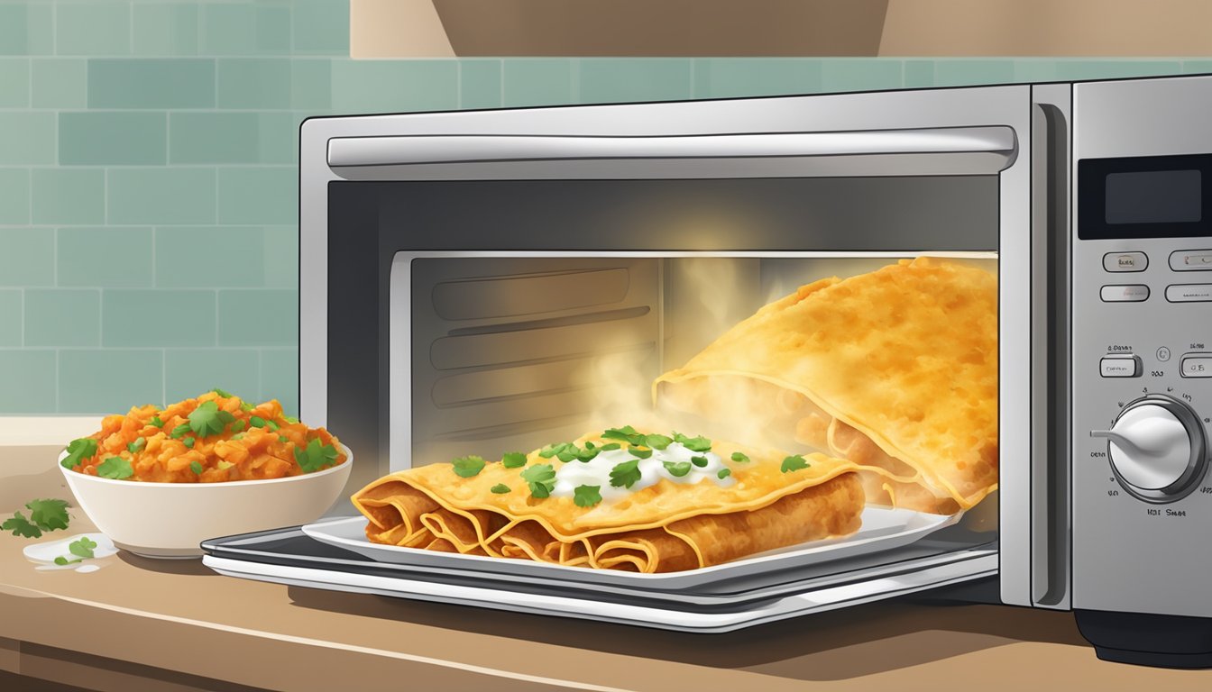 A microwave with a plate of chicken enchiladas inside, steam rising from the dish