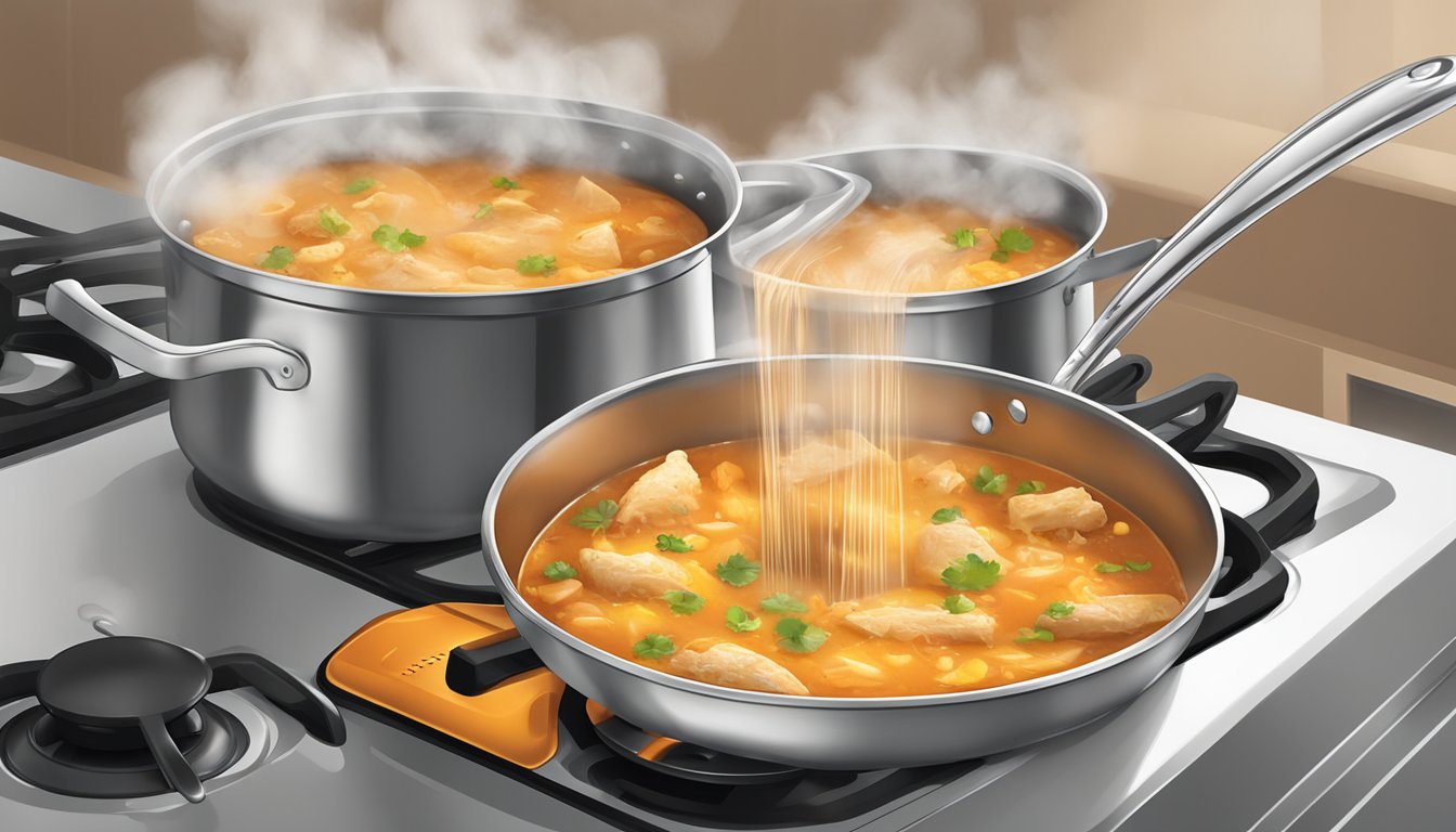 A pot of chicken enchilada soup being reheated on a stovetop, with steam rising and a ladle resting on the edge