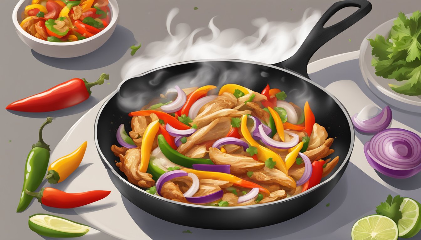 A skillet sizzling with reheated chicken fajitas, steam rising, colorful peppers and onions glistening, and the aroma of Mexican spices filling the kitchen