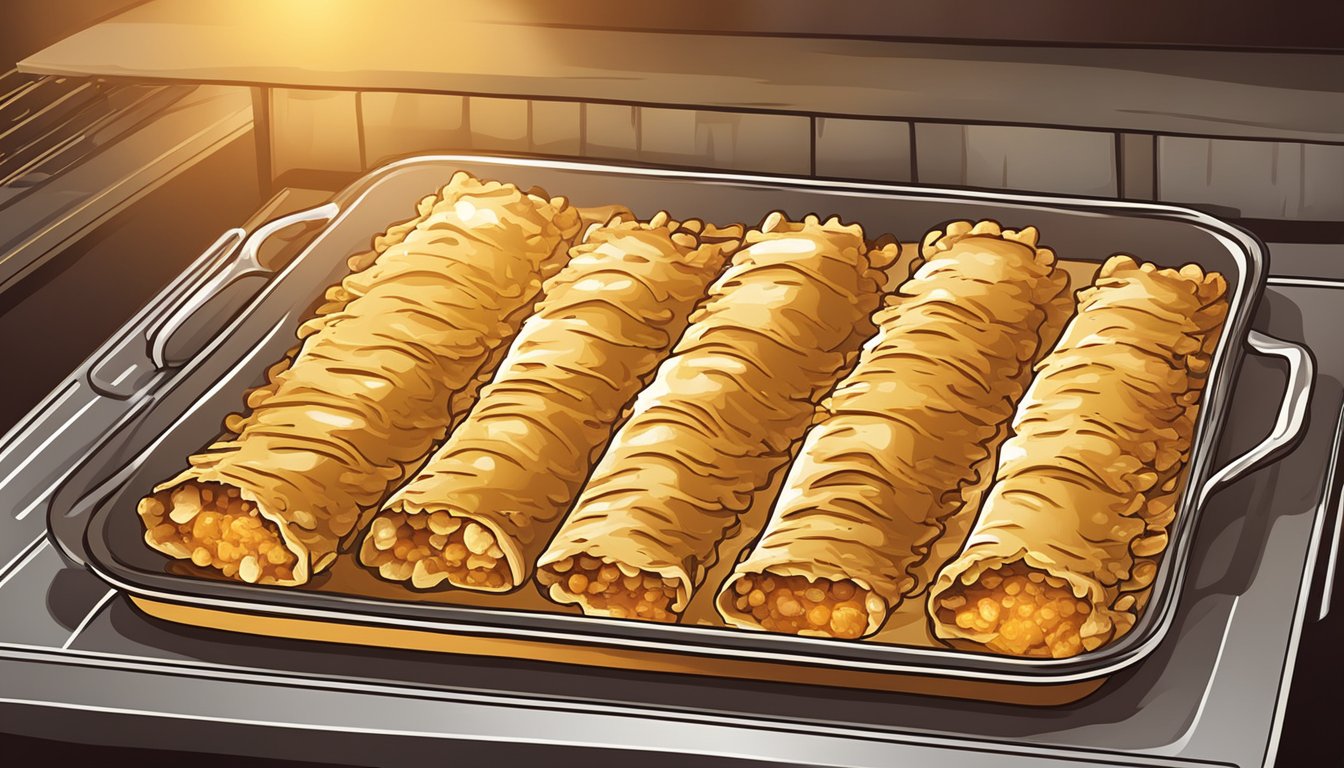 A tray of chicken enchiladas placed in a preheated oven. The warm glow of the oven illuminating the golden brown enchiladas