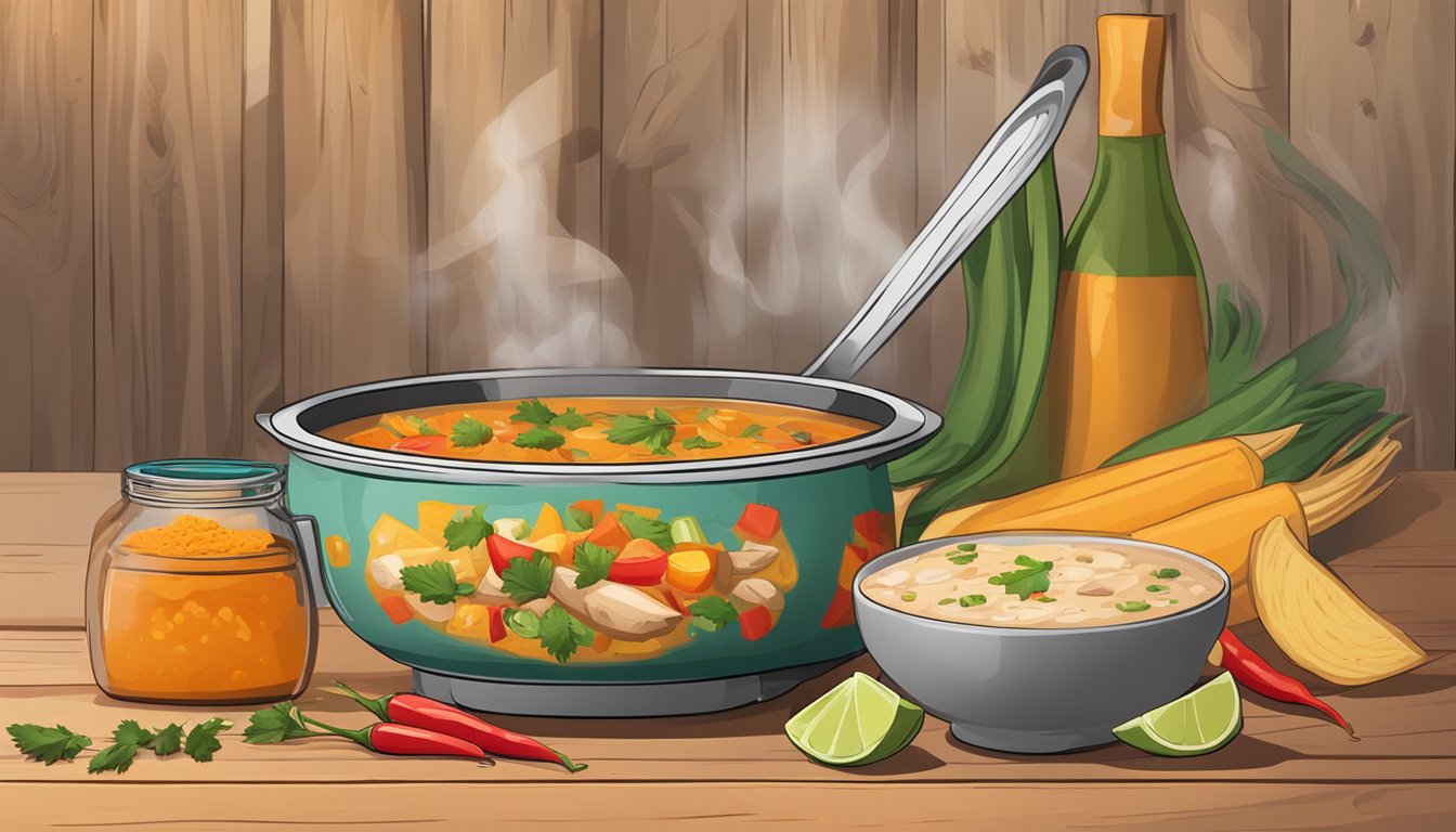 A steaming bowl of chicken enchilada soup sits on a rustic wooden table, surrounded by colorful ingredients and spices. A pot simmers on the stove in the background