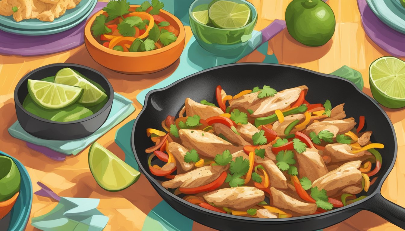 A sizzling skillet of chicken fajitas being garnished with fresh cilantro and lime wedges before being served on a colorful platter