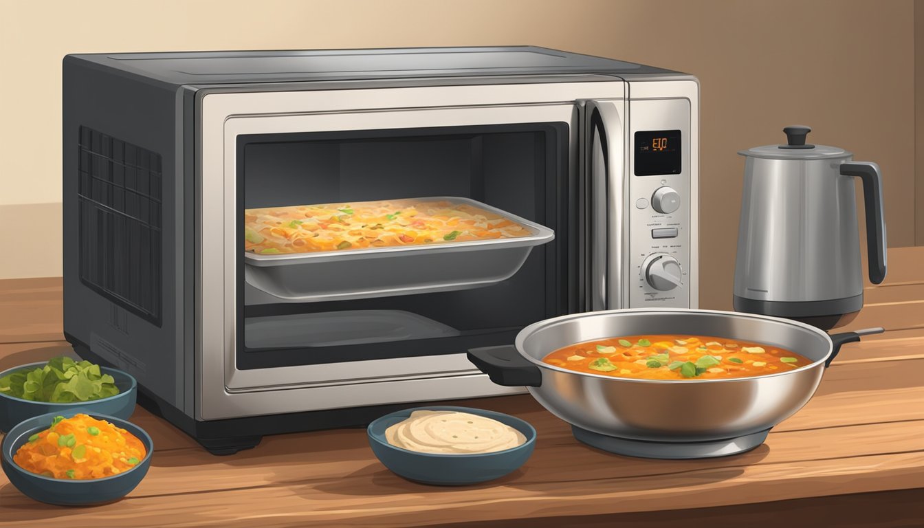 A microwave with a bowl of chicken enchilada soup rotating on the turntable. A steamy bowl sits on a wooden table next to a ladle and a stack of tortillas