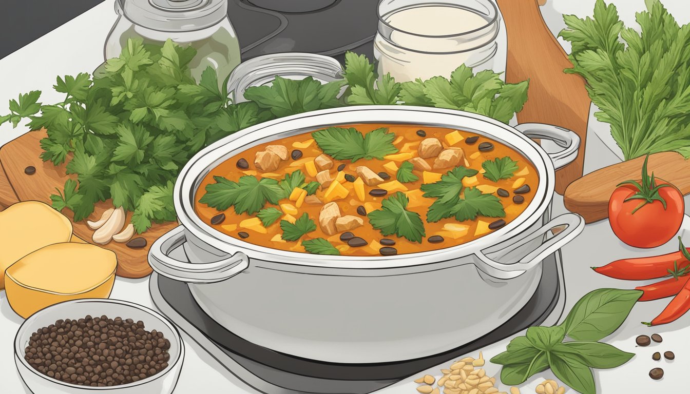 A steaming bowl of chicken enchilada soup sits on a stovetop, surrounded by vibrant spices and fresh herbs ready to be added for flavor enhancement