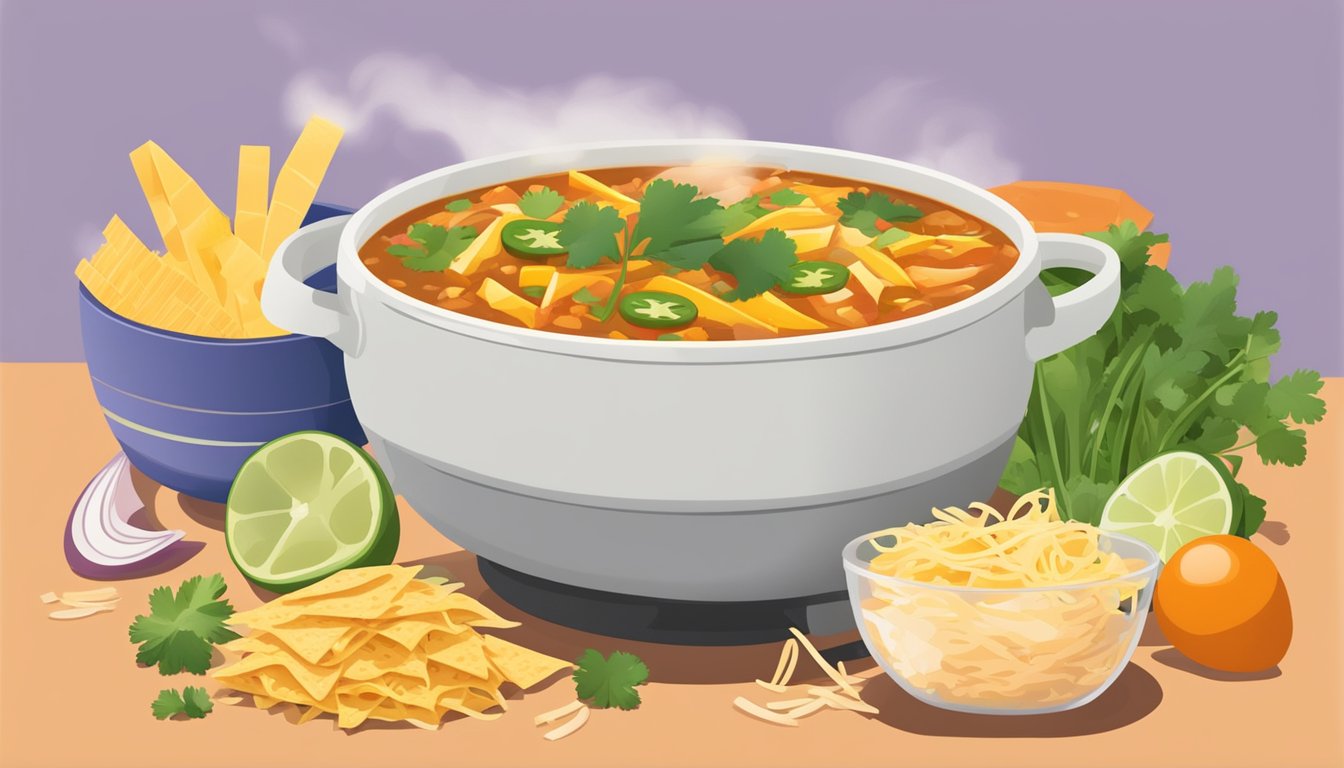 A steaming bowl of chicken enchilada soup being reheated in a microwave, surrounded by colorful garnishes like cilantro, shredded cheese, and tortilla strips