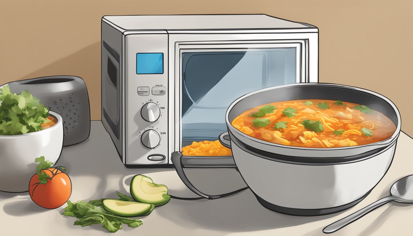 A steaming bowl of chicken enchilada soup being heated in a microwave