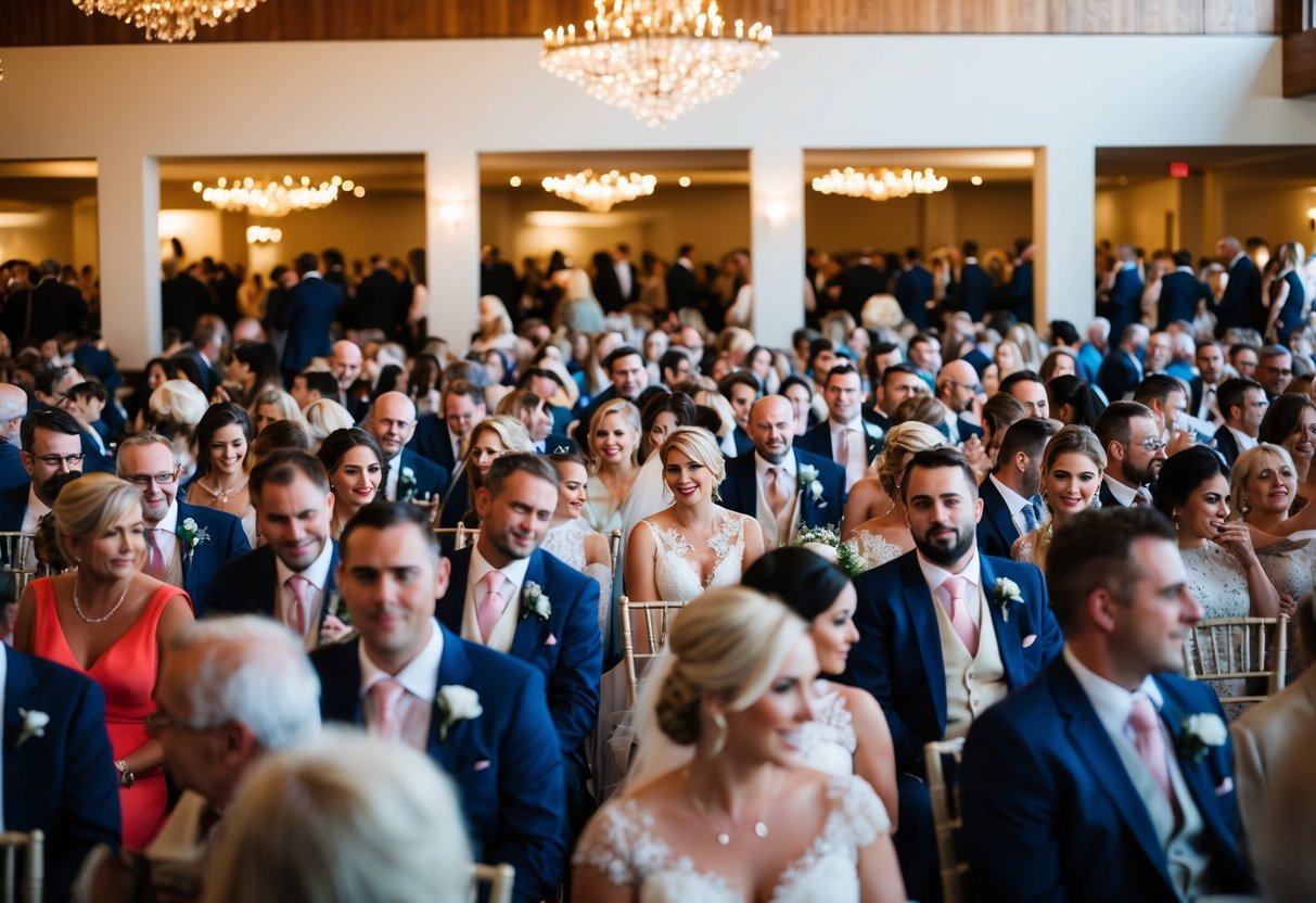 A crowded wedding venue with filled seats and bustling activity