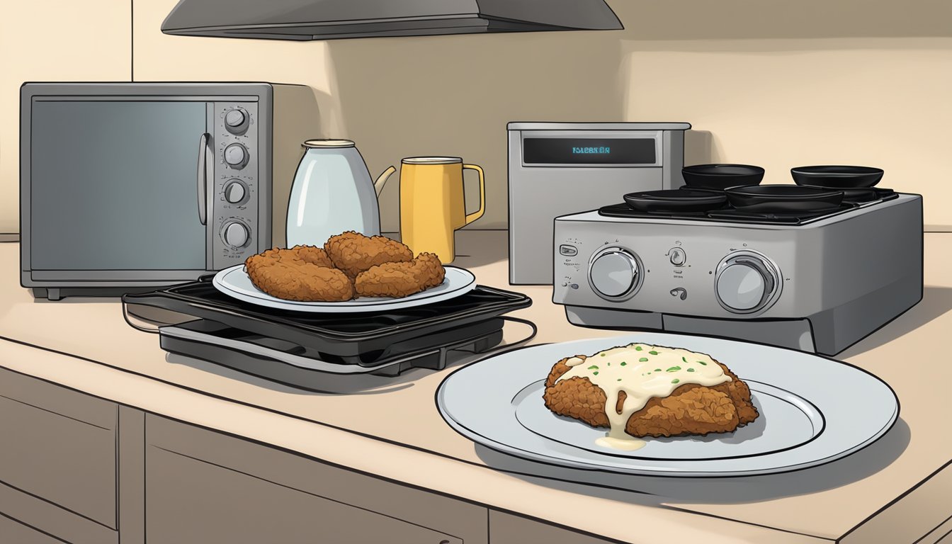 A plate with leftover chicken fried steak, sitting next to a microwave and a skillet on a stovetop