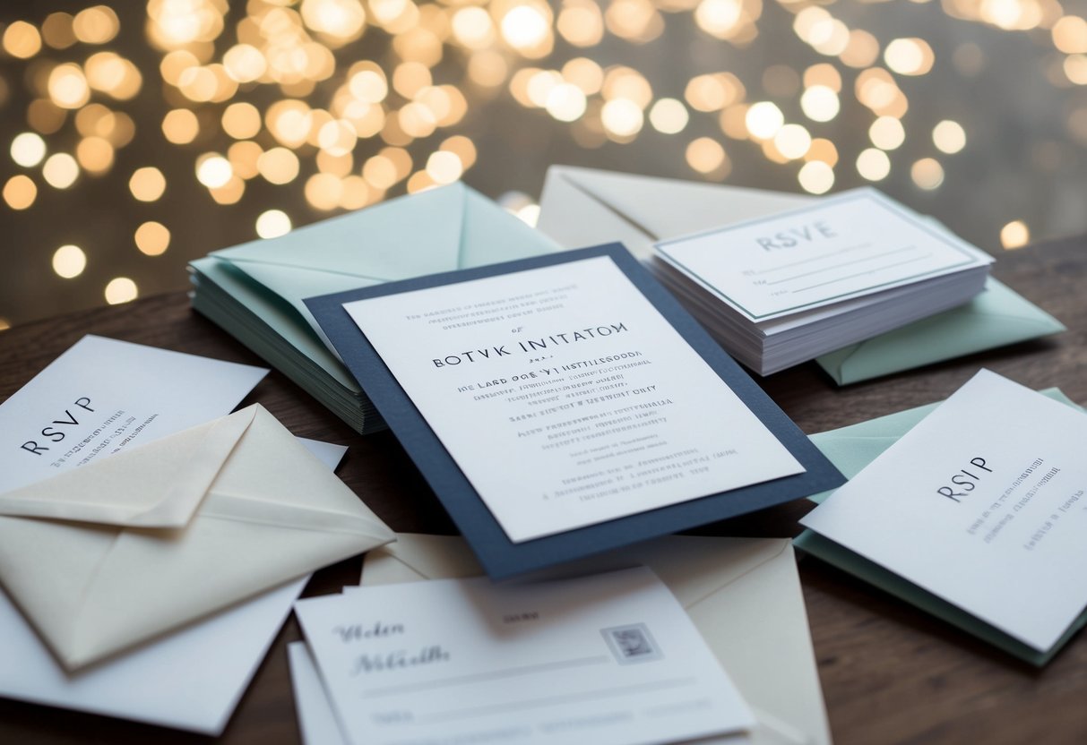 A wedding invitation surrounded by a mix of RSVP cards - some filled out, some blank, and a pile of unopened envelopes