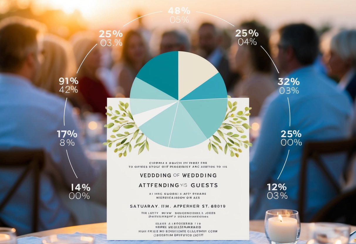 A wedding invitation surrounded by a circle graph showing the percentage of attending guests