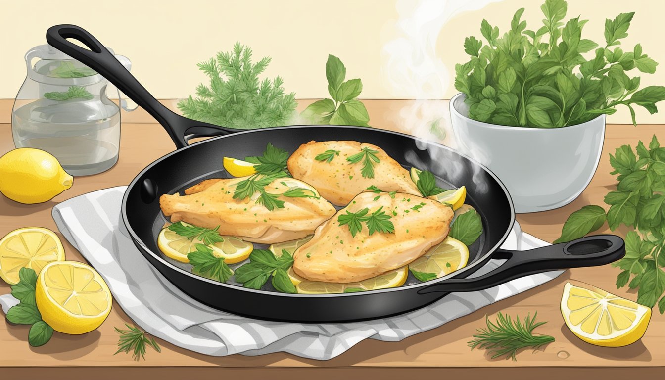 A steaming plate of chicken Francese being gently reheated in a skillet over a stovetop, surrounded by fresh herbs and lemon slices