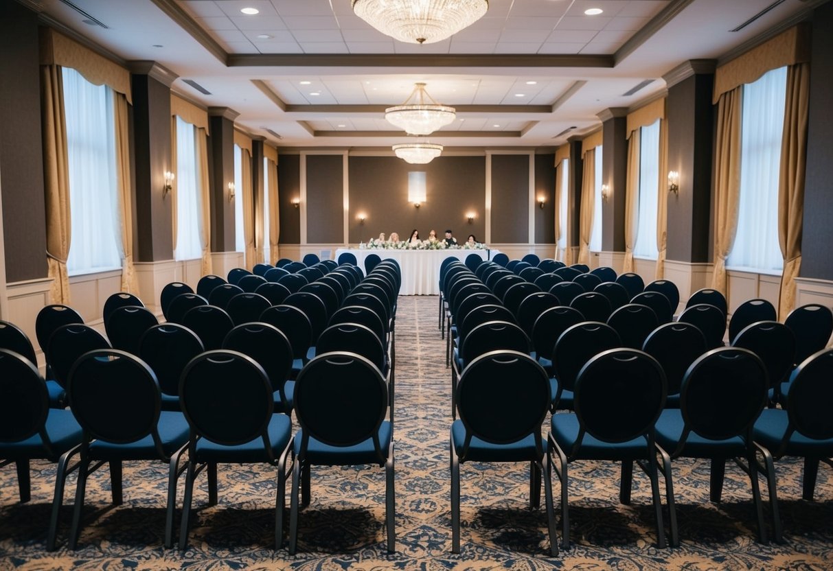 A banquet hall with 100 empty chairs arranged in neat rows, with a large table at the front for the wedding party