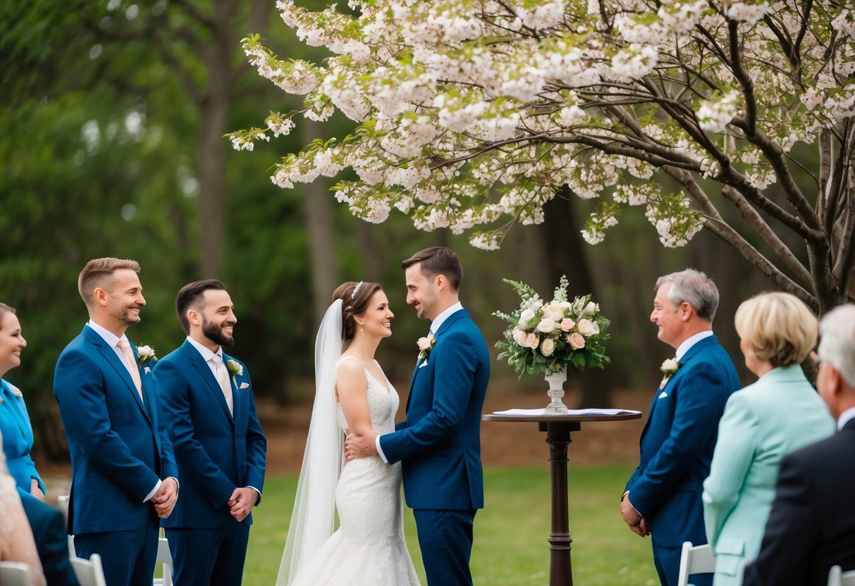 A small wedding: a cozy outdoor ceremony under a blooming tree with only a few close family and friends present