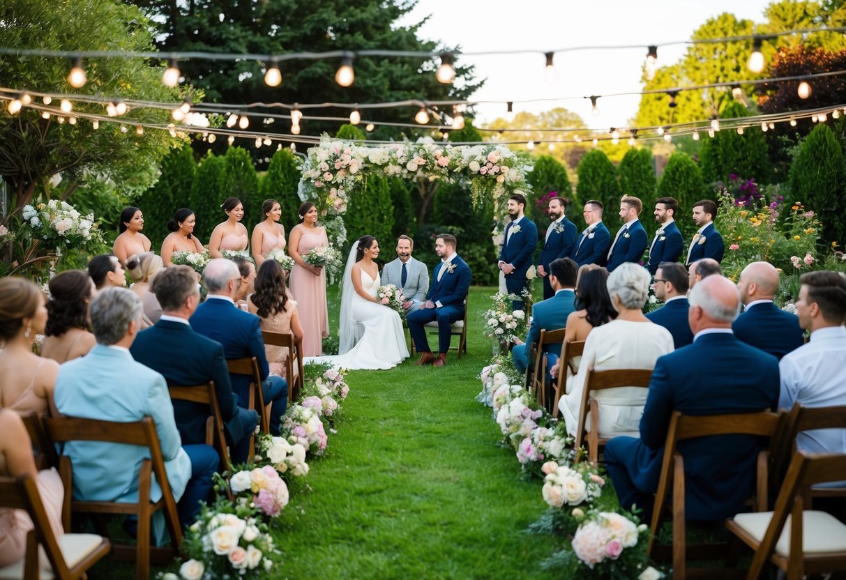 A cozy outdoor ceremony with a handful of guests seated in a picturesque garden surrounded by blooming flowers and twinkling string lights