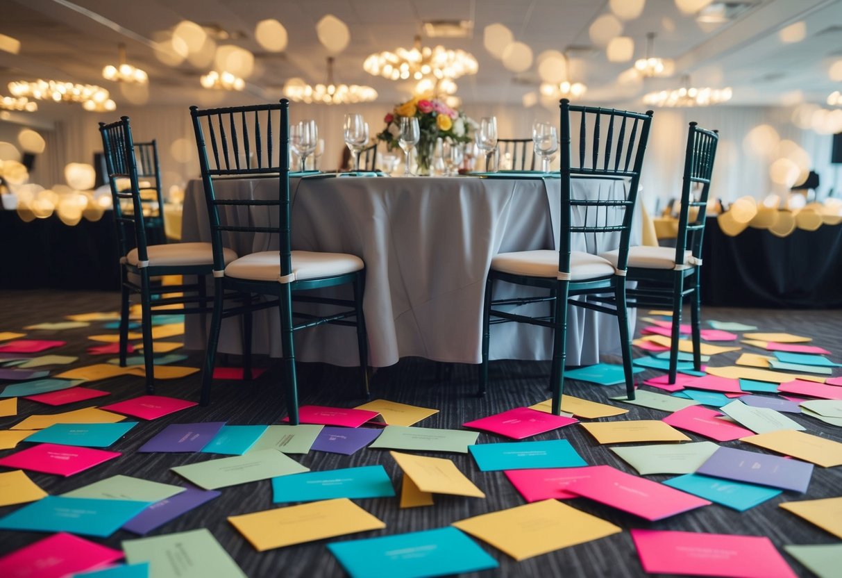 A table with 100 empty chairs, surrounded by colorful invitations scattered on the floor