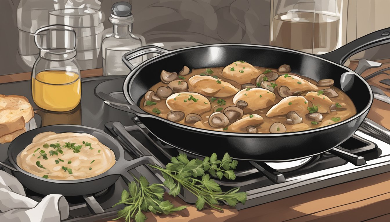 A skillet with chicken marsala, mushrooms, and sauce being heated on a stovetop. Wine and herbs nearby