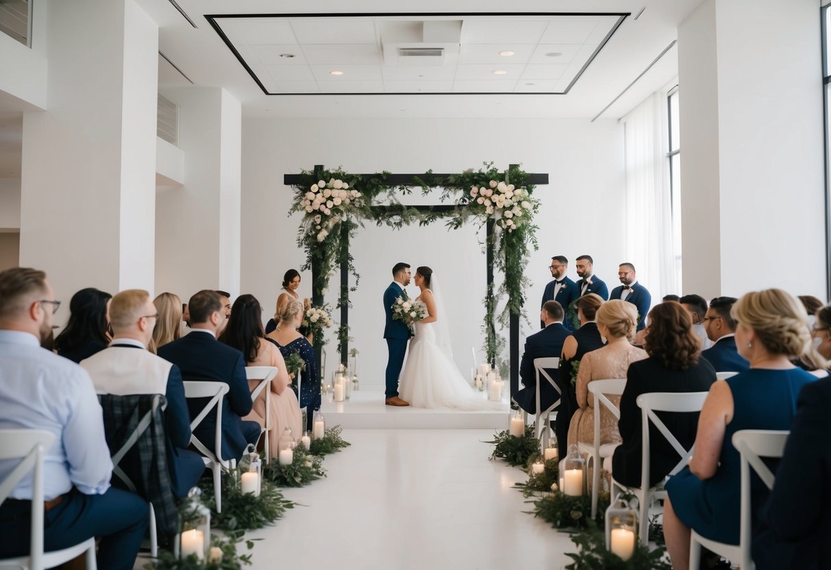 A small wedding set in a modern, minimalist venue with trendy decor and cultural elements incorporated in the design and attire