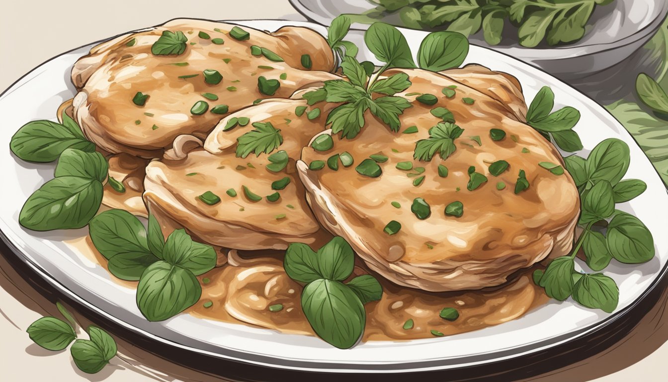 A steaming plate of chicken marsala being garnished with fresh herbs and being placed on a serving platter