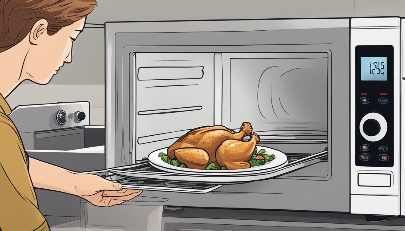 A person placing a plate of chicken marsala into a microwave, with steam rising from the dish as it heats up