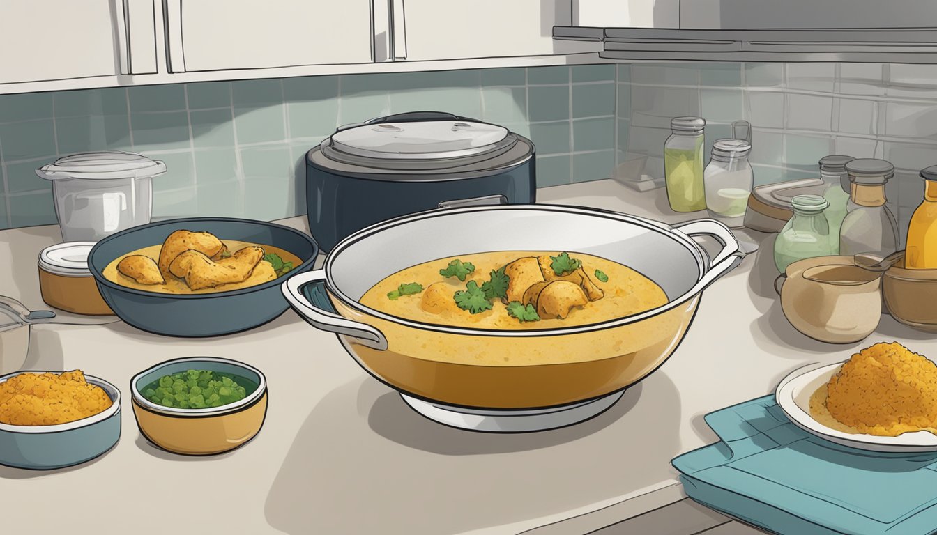 A steaming bowl of chicken korma sits on a kitchen counter, surrounded by various containers for proper storage. A microwave hums in the background as the dish is reheated