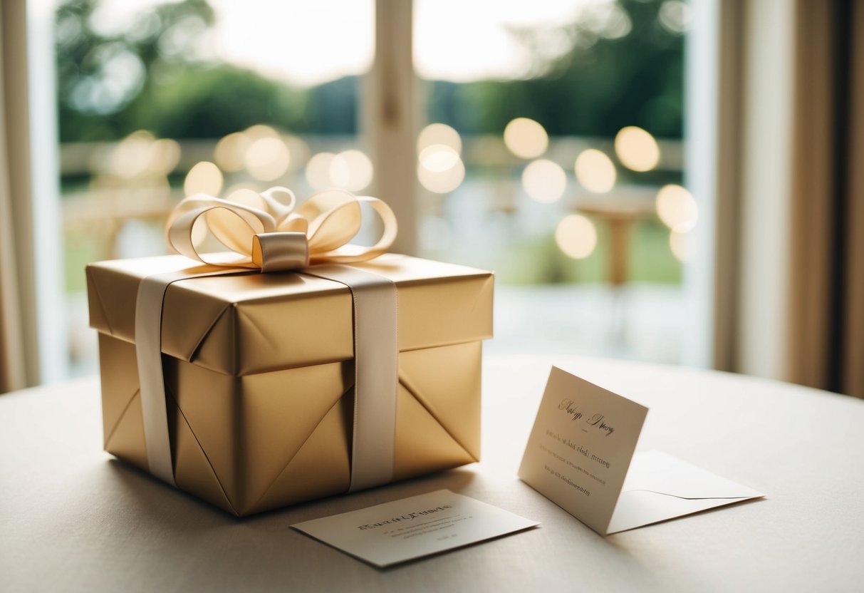 A beautifully wrapped gift box with a ribbon and bow, sitting on a table with a wedding card beside it