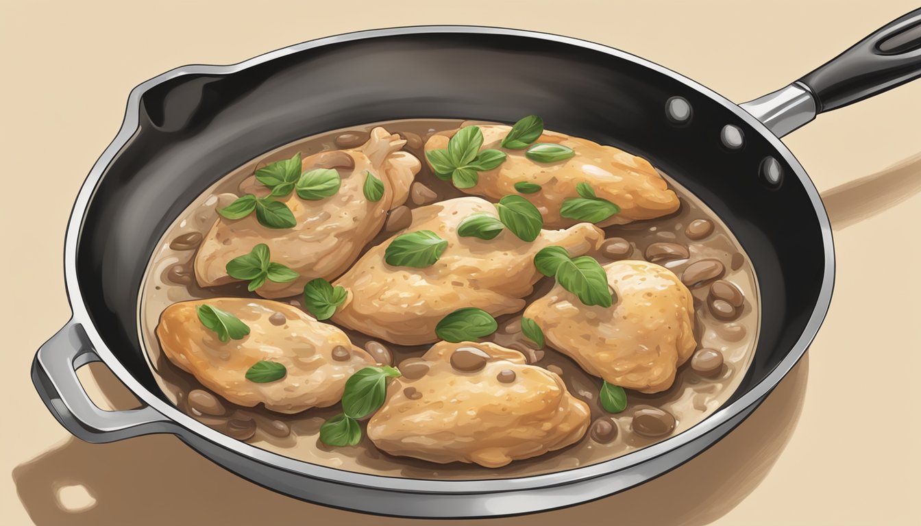 A steaming plate of chicken marsala being gently reheated in a skillet, releasing a rich aroma and creating a mouthwatering sizzle