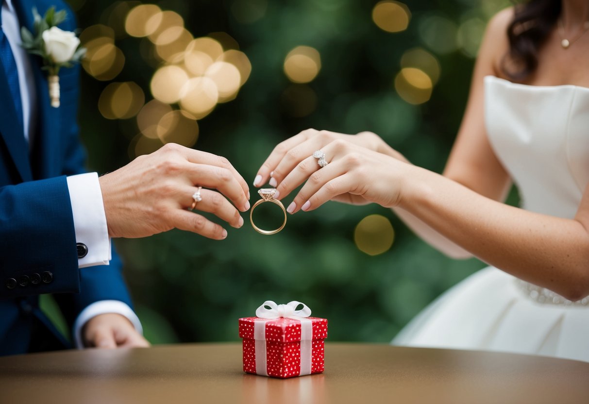 A couple exchanging wedding rings with a small gift box on a table