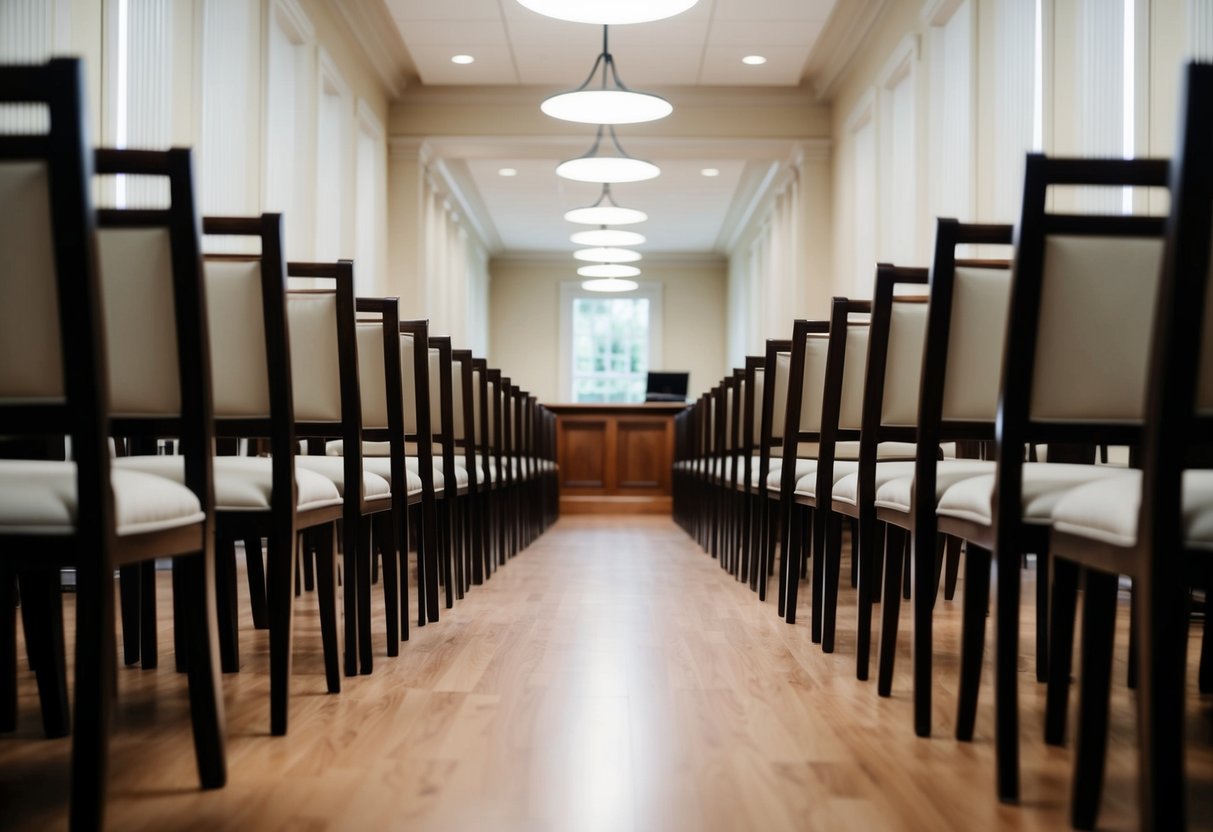 A narrow aisle at a registry office, flanked by rows of empty chairs, leading towards a simple wooden desk at the end