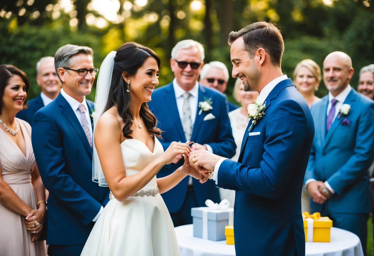 A bride and groom exchanging wedding rings while surrounded by a circle of family and friends, with a gift table nearby