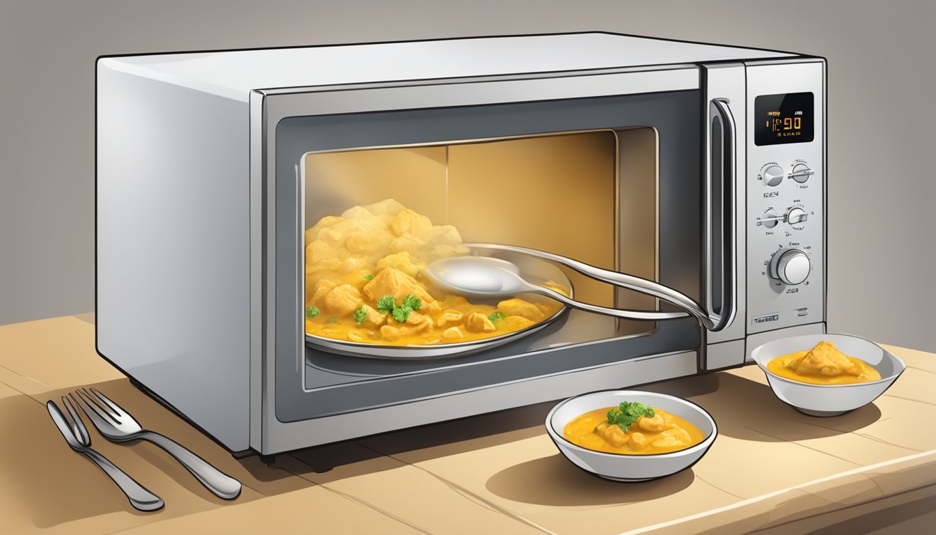 A microwave with a bowl of chicken korma inside, steam rising from the dish. A spoon or fork nearby