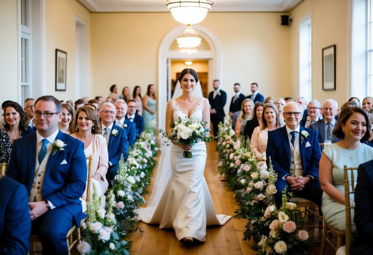 A bride walks down the aisle at a registry office, surrounded by flowers and guests seated in rows