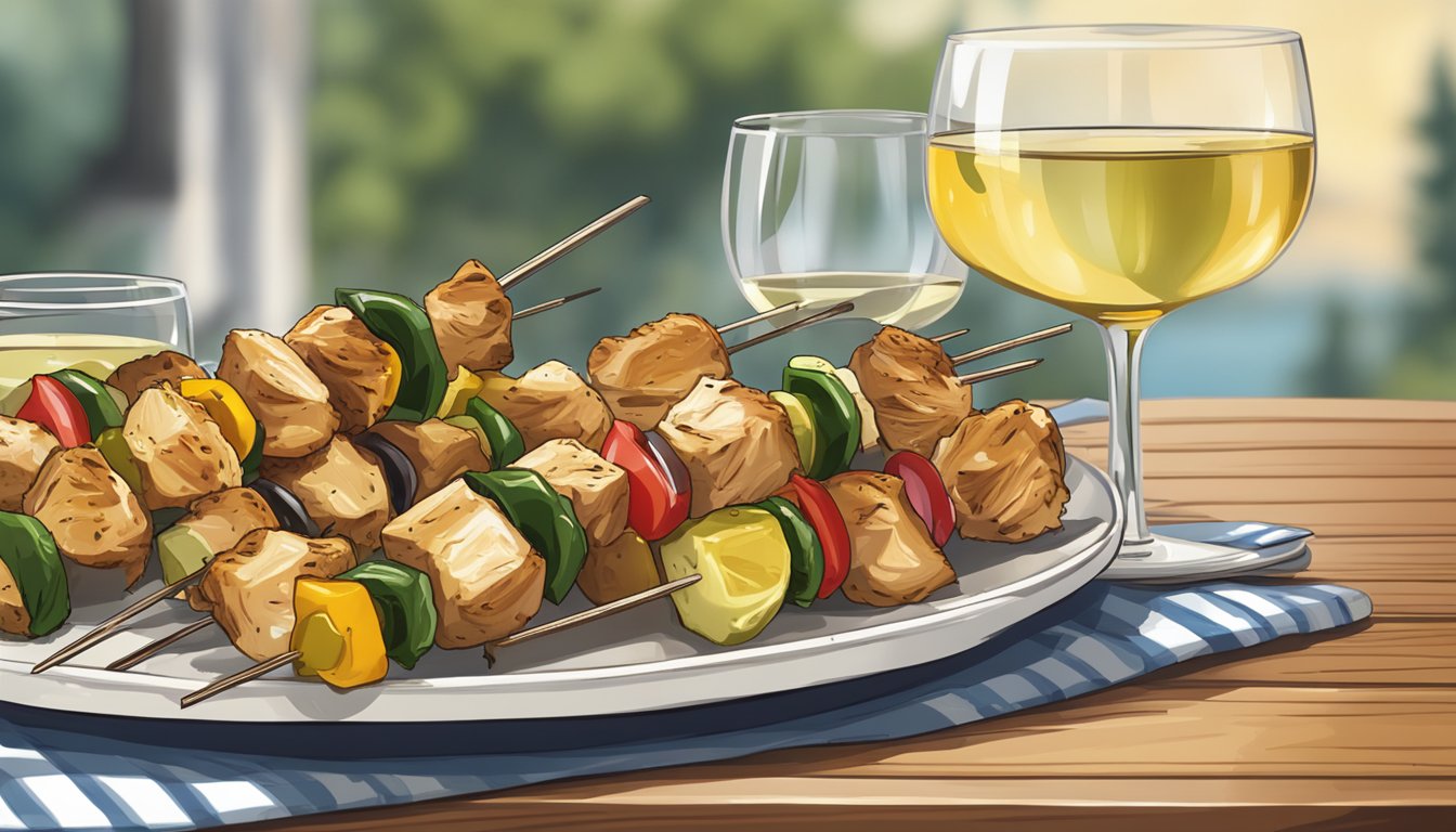 A plate of reheated chicken kabobs next to a glass of white wine on a wooden table