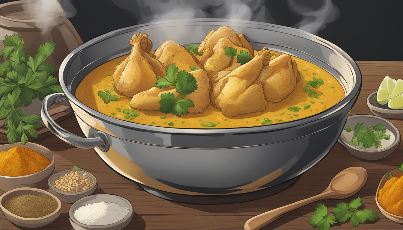 A steaming bowl of chicken korma sits on a wooden table, surrounded by spices and herbs. Steam rises from the dish, indicating that it has been freshly reheated