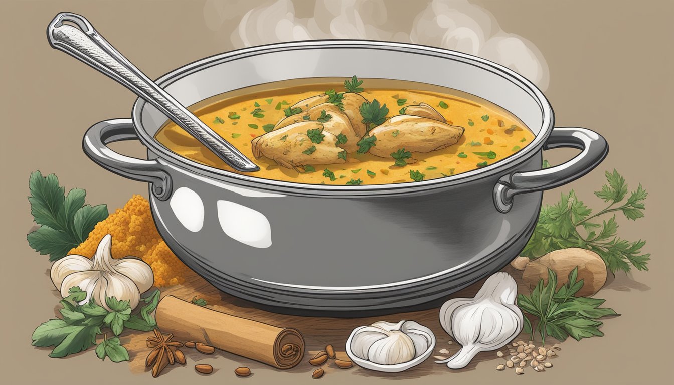 A steaming bowl of chicken mulligatawny soup sits on a stovetop, surrounded by fragrant spices and herbs