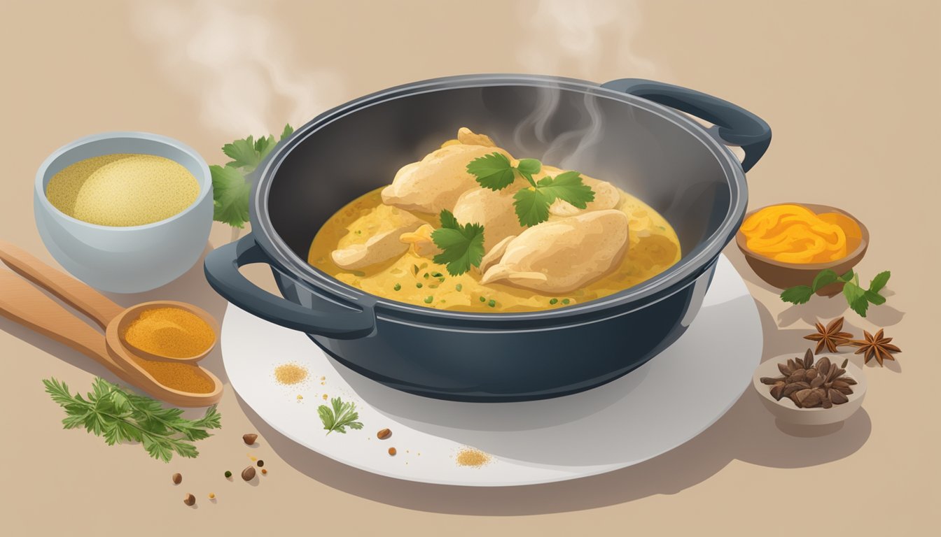 A steaming bowl of leftover chicken korma being heated in a microwave, surrounded by aromatic spices and herbs