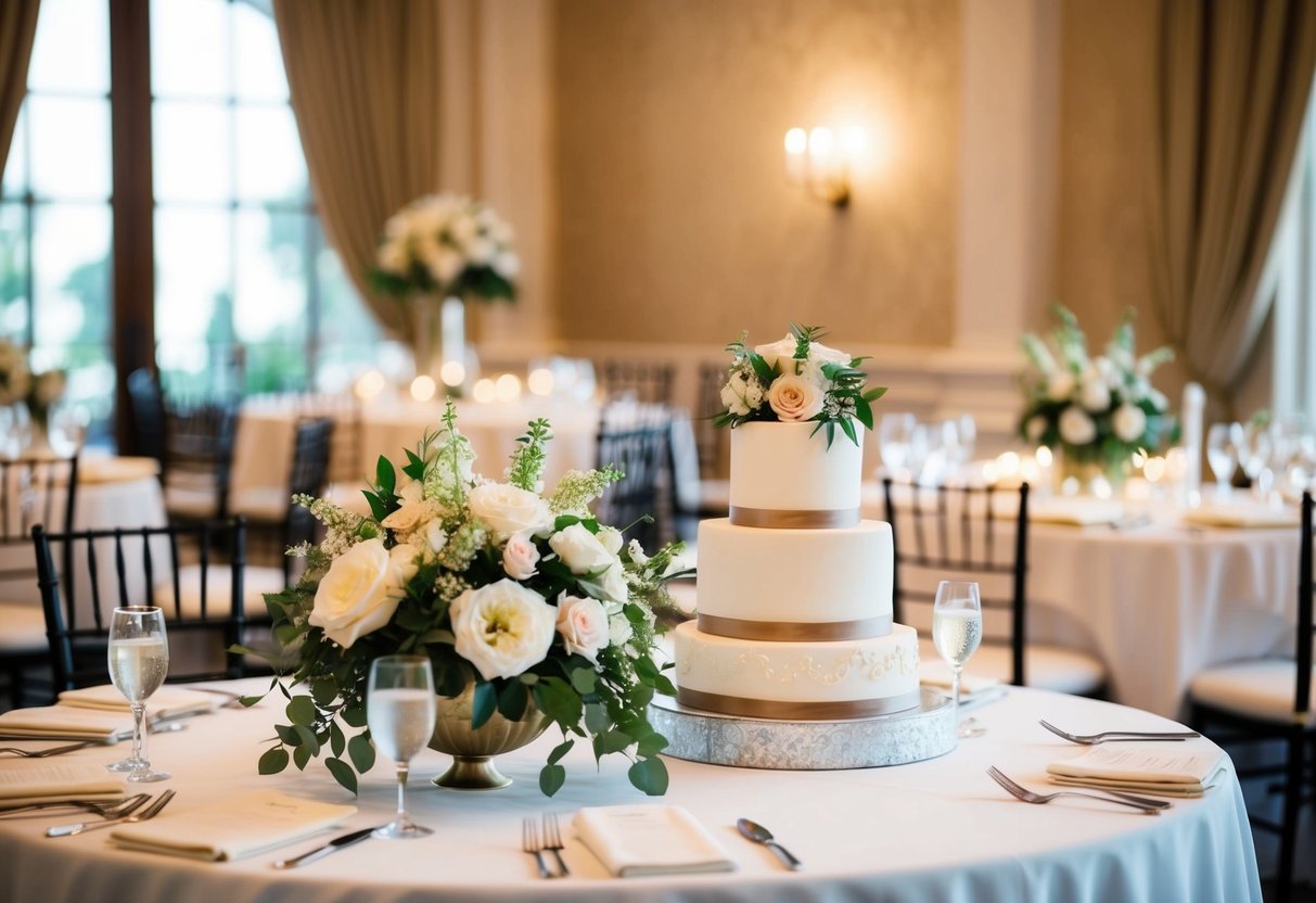 A wedding reception with elegant decor, floral centerpieces, and a beautiful cake