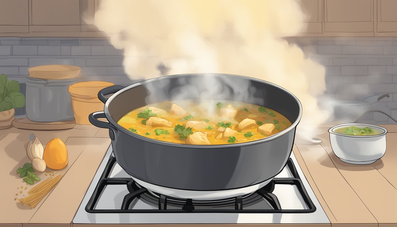 A steaming bowl of chicken mulligatawny soup being gently reheated on a stovetop, with aromatic spices wafting through the air