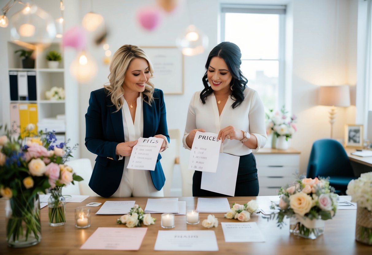 A wedding planner comparing prices of various wedding essentials like flowers, decorations, and invitations in a cozy, organized office setting