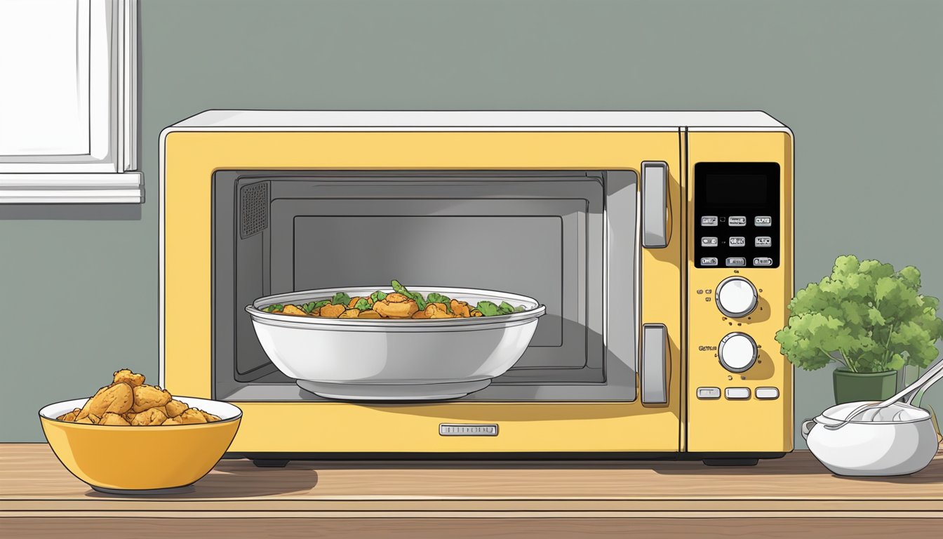 A microwave with a plate of chicken massaman curry inside, a microwave-safe cover on top, and a timer set for reheating