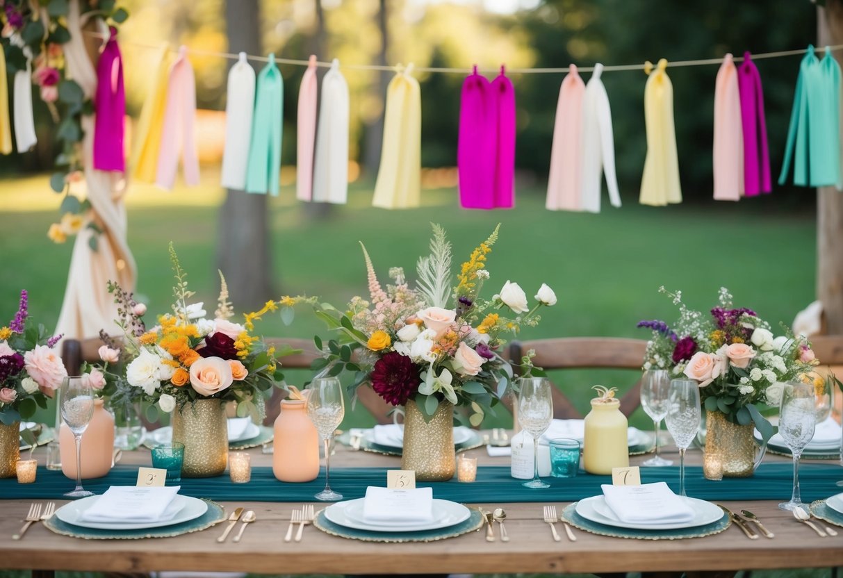 A colorful array of DIY decorations, simple yet elegant floral arrangements, and a cozy outdoor setting for a budget-friendly wedding celebration